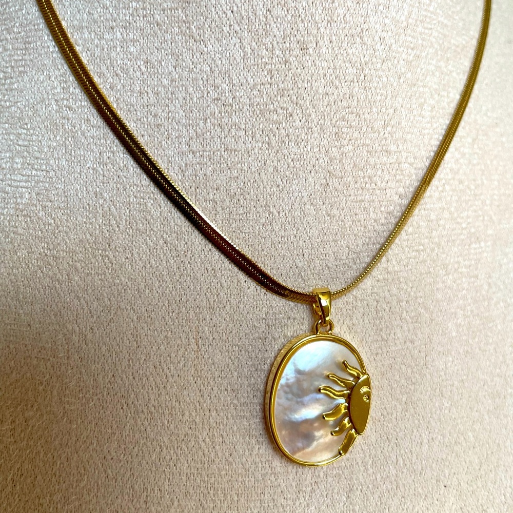 Stainless Steel, Sun Pendant Necklace On Flat Chain,  Gold Plated, Vintage, New